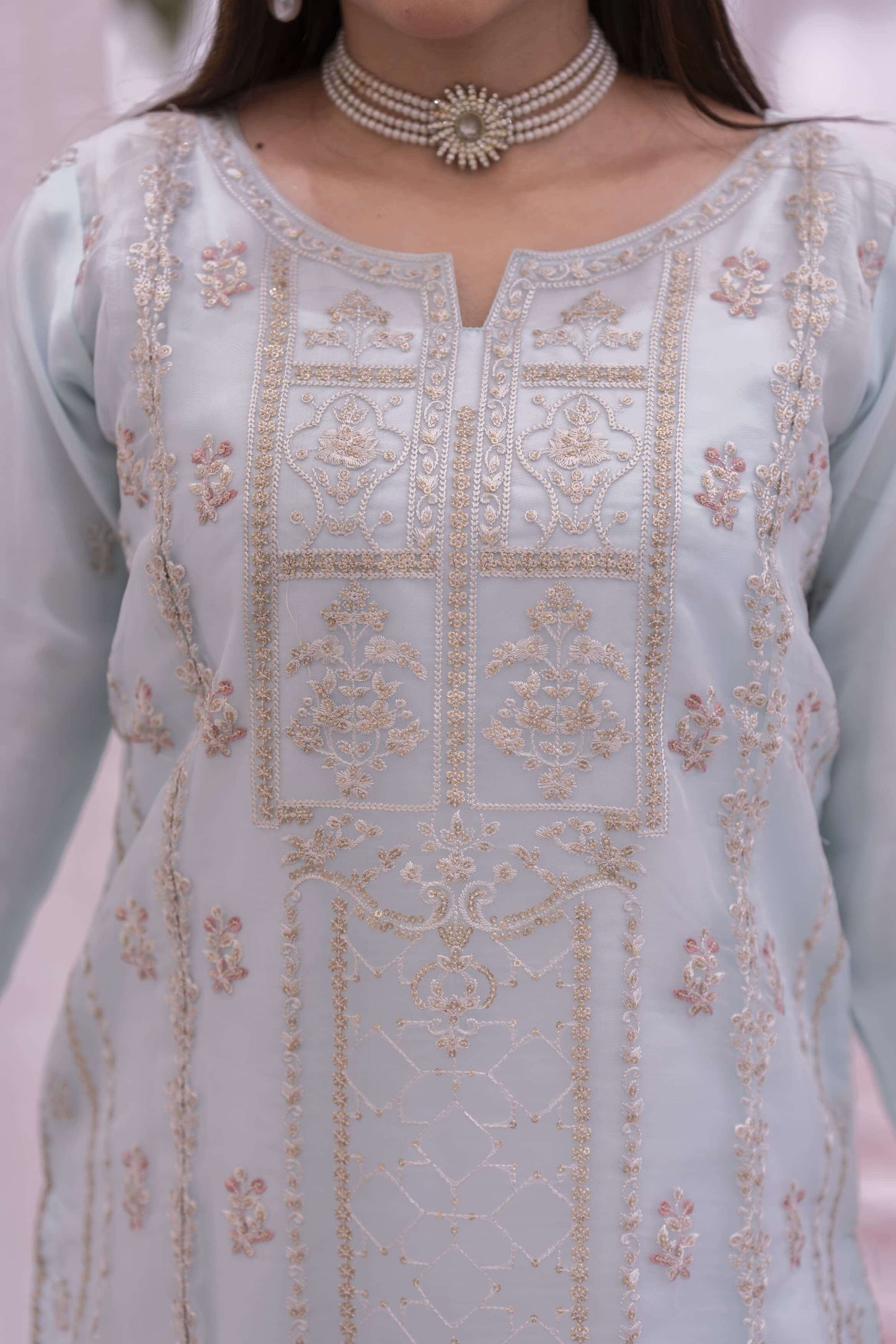 Light blue embroidered kameez with multi color detailing