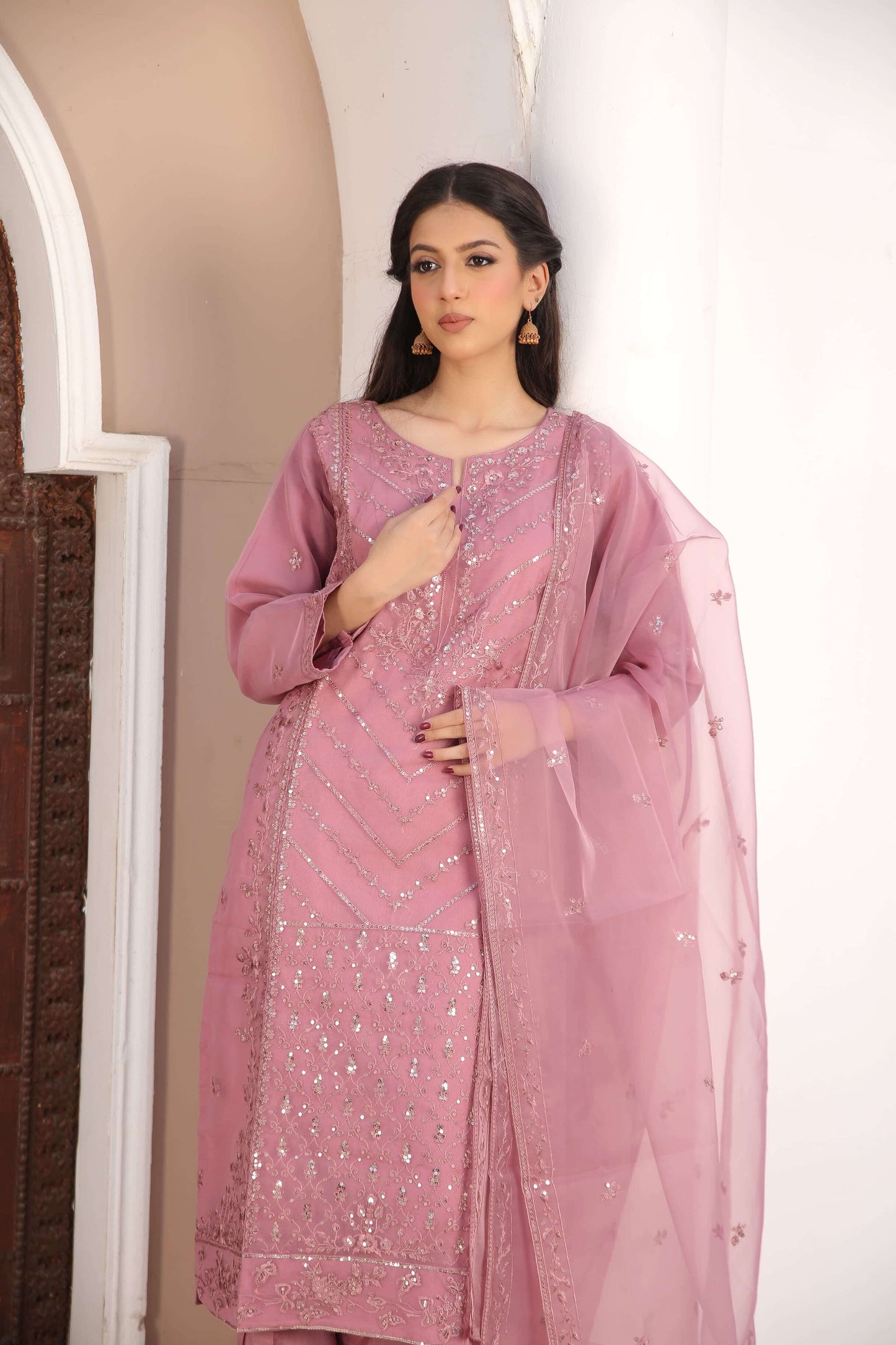 Woman in a pink traditional organza fabric shalwar kameez outfit standing pose