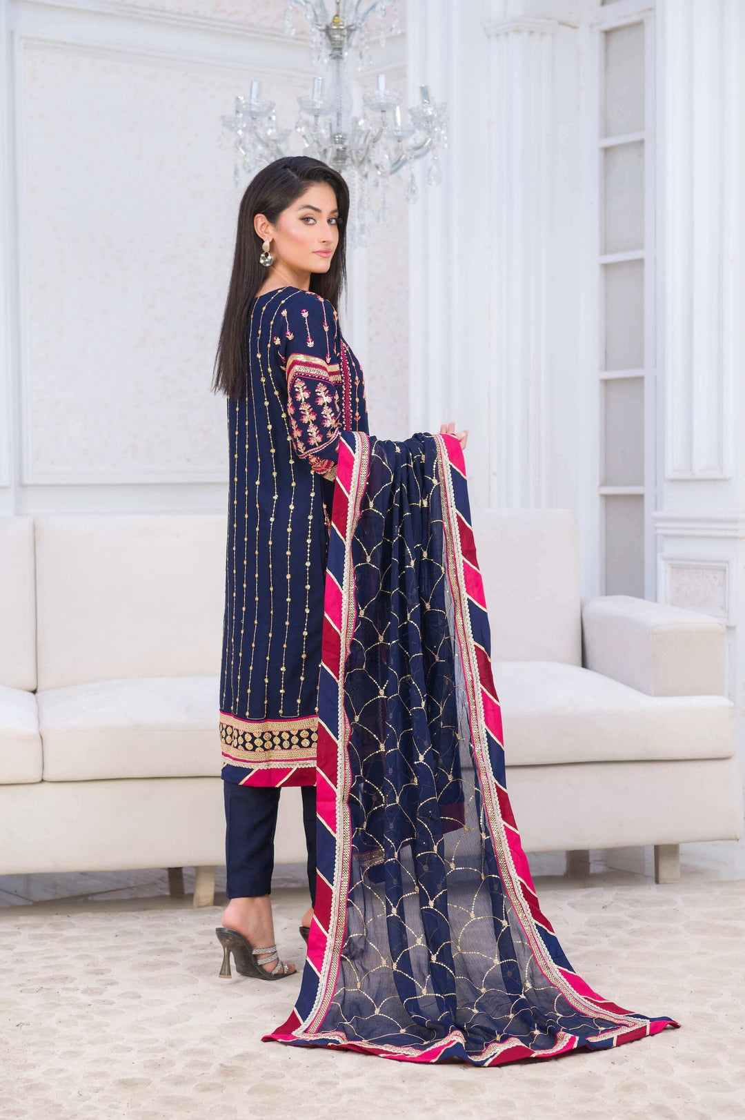 Blue Chiffon Shalwar Kameez with Multicolour Embroidery Back Picture