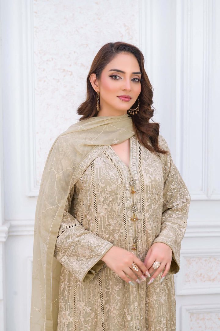 Fawn Chiffon Anarkali Front Open Gown Close Embroidery