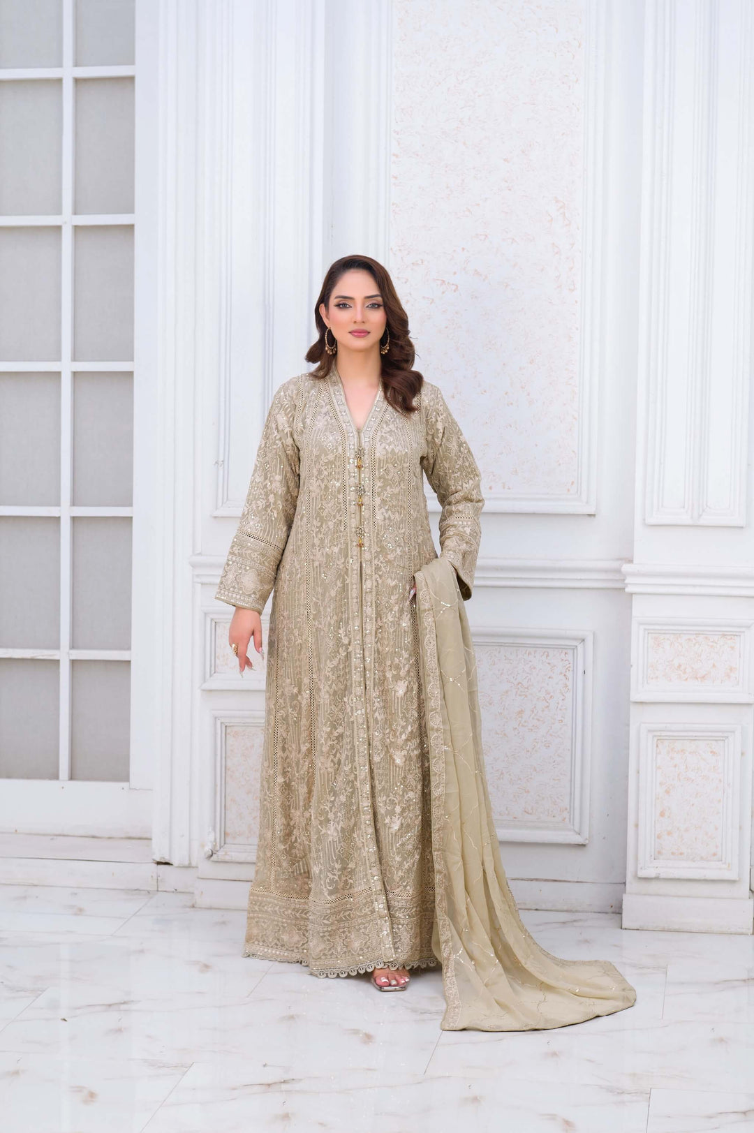 Fawn Chiffon Anarkali Front Open Gown Front Picture