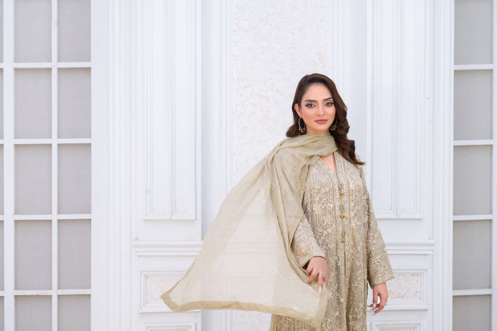 Fawn Chiffon Anarkali Front Open Gown Close Embroidery With Dupatta