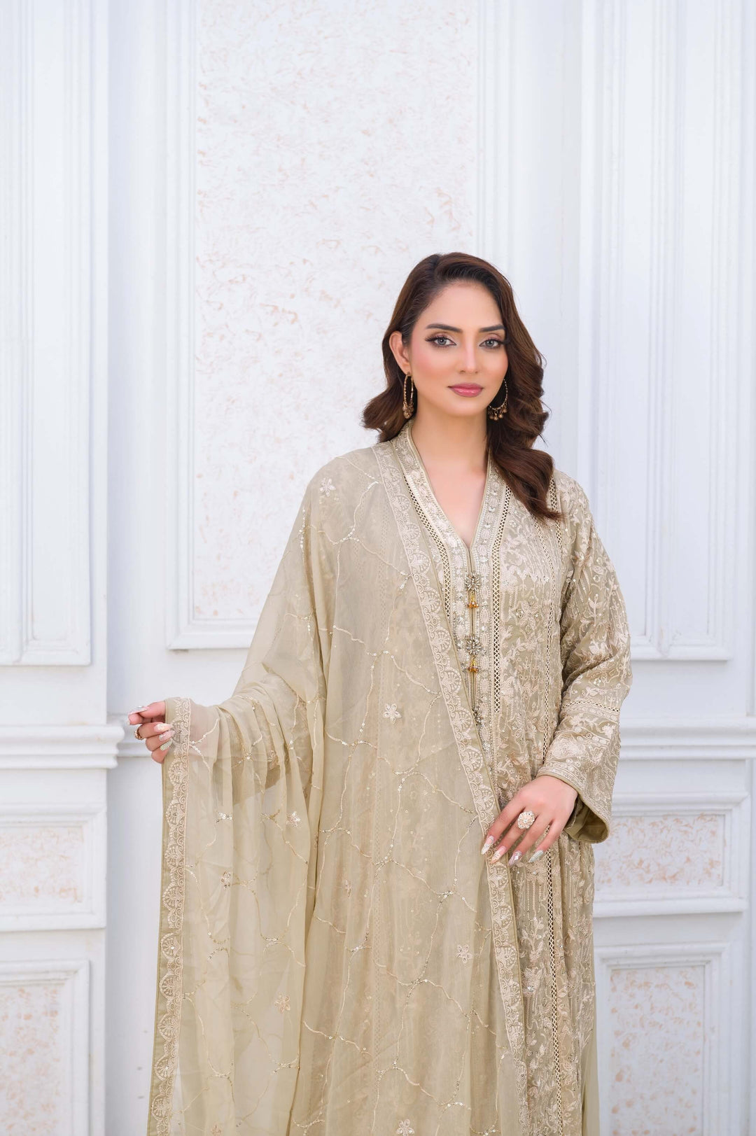 Fawn Chiffon Anarkali Front Open Gown Close Embroidery With Dupatta Full