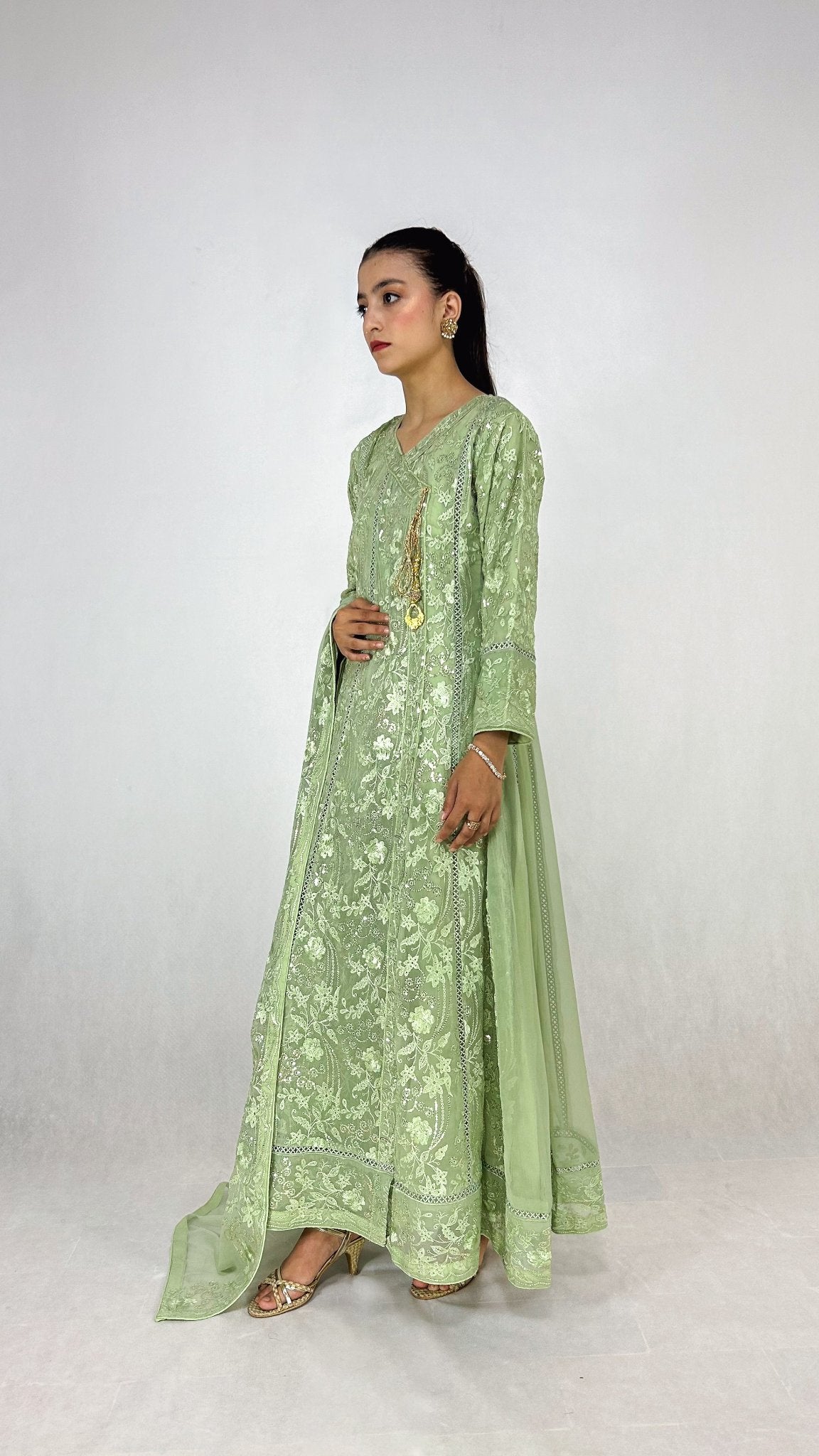 Light Olive Embroidered Angrakha Dress Chiffon Long Frock Maxi Side Look