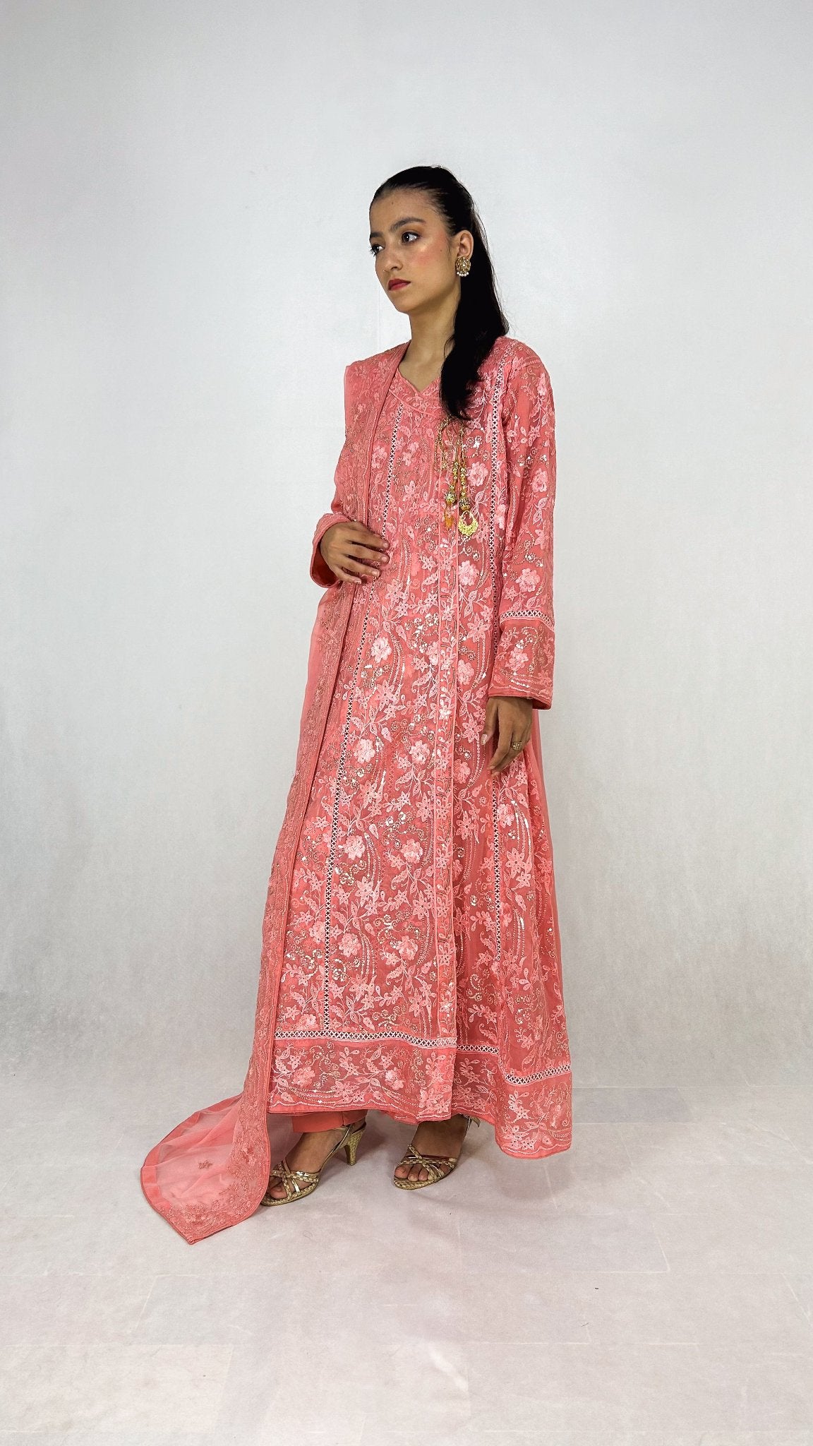 Pink Embroidered Angrakha Dress Chiffon Long Frock Maxi Side Look