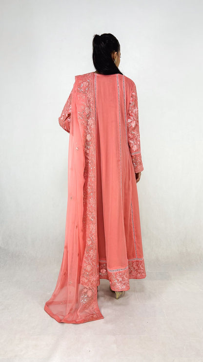 Pink Embroidered Angrakha Dress Chiffon Long Frock Maxi Back Look