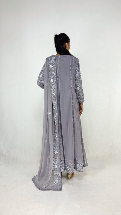 Gray Chiffon Angrakha Maxi Dress Embroidered Long Frock Back Look