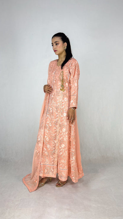 Melon Chiffon Angrakha Maxi Dress Embroidered Long Frock Side Look