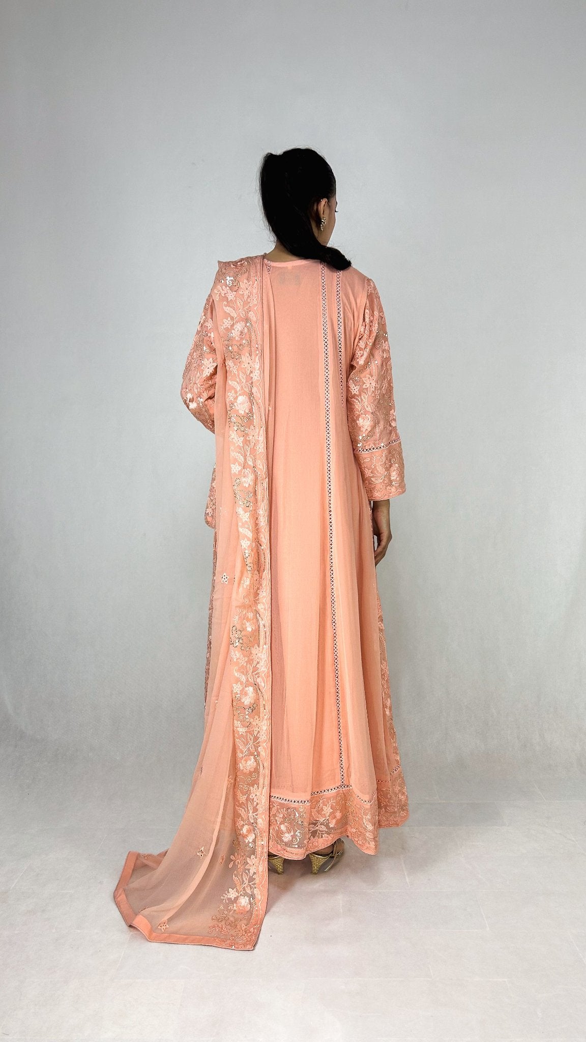 Melon Chiffon Angrakha Maxi Dress Embroidered Long Frock Back Look