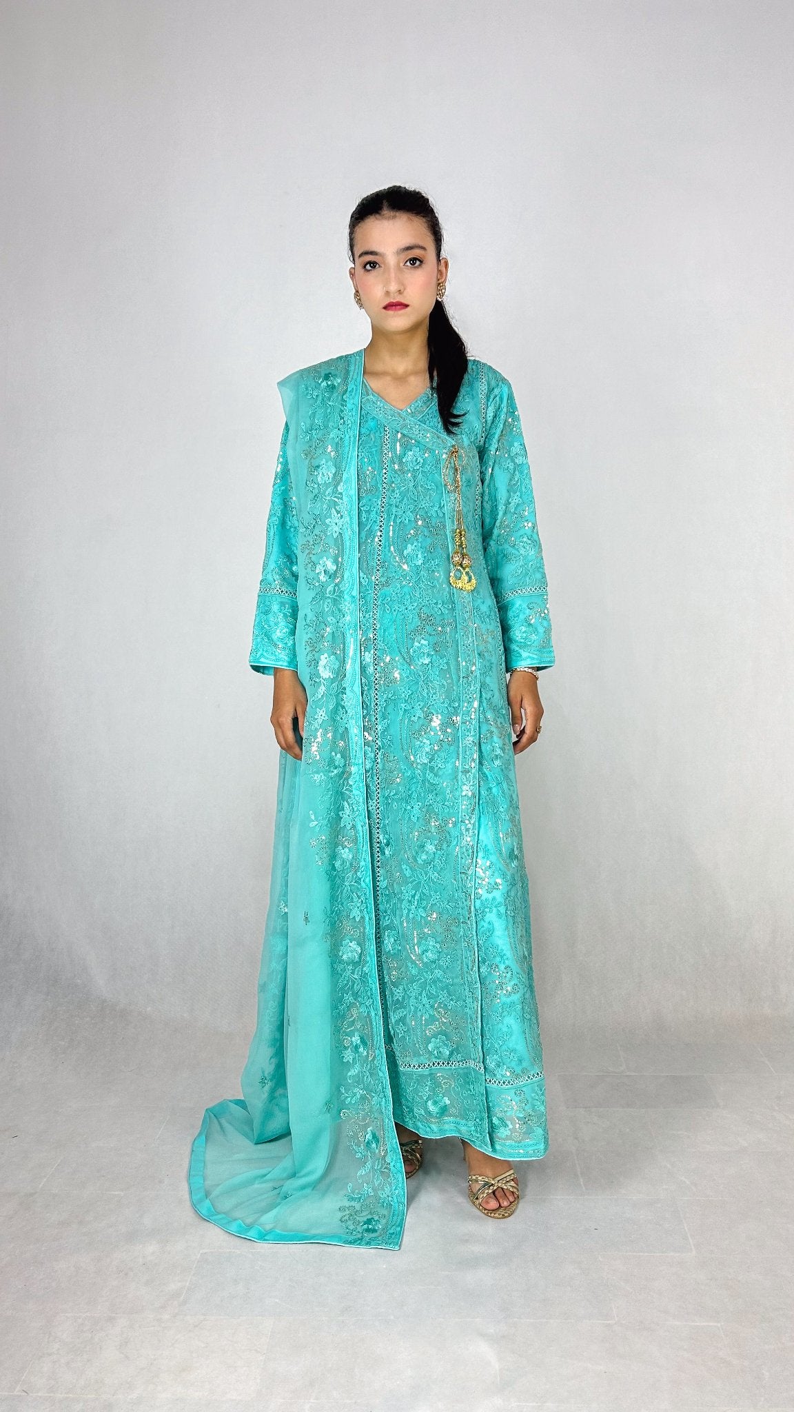 Light Blue Chiffon Angrakha Maxi Embroidered Long Frock Dress Complete Look