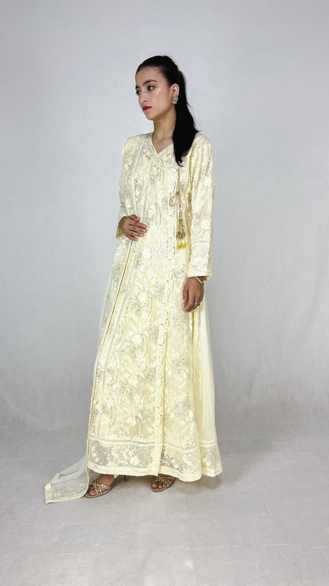 Ivory Embroidered Chiffon Angrakha Dress Long Frock Maxi Side Look