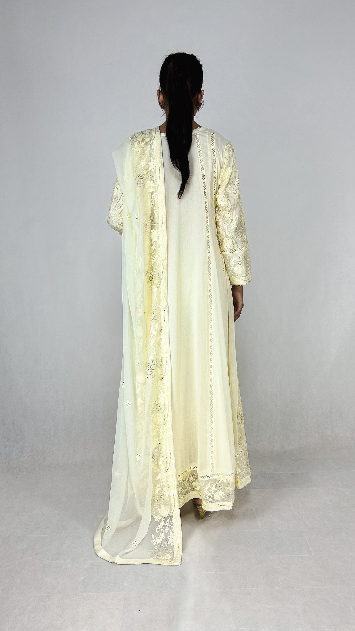 Ivory Embroidered Chiffon Angrakha Dress Long Frock Maxi Back Look