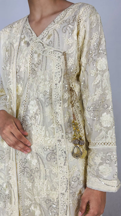 Ivory Embroidered Chiffon Angrakha Dress Long Frock Maxi Detailed Embroidery Look