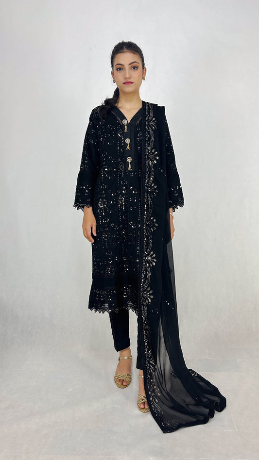 Black Embroidered Chiffon Shalwar Kameez Formal Wear Complete Look