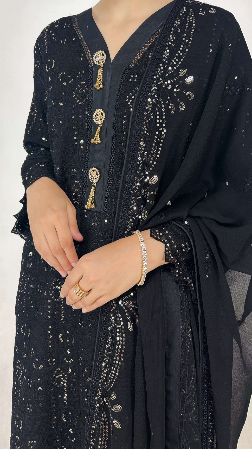 Black Embroidered Chiffon Shalwar Kameez Formal Wear Detailed Embroidery Look