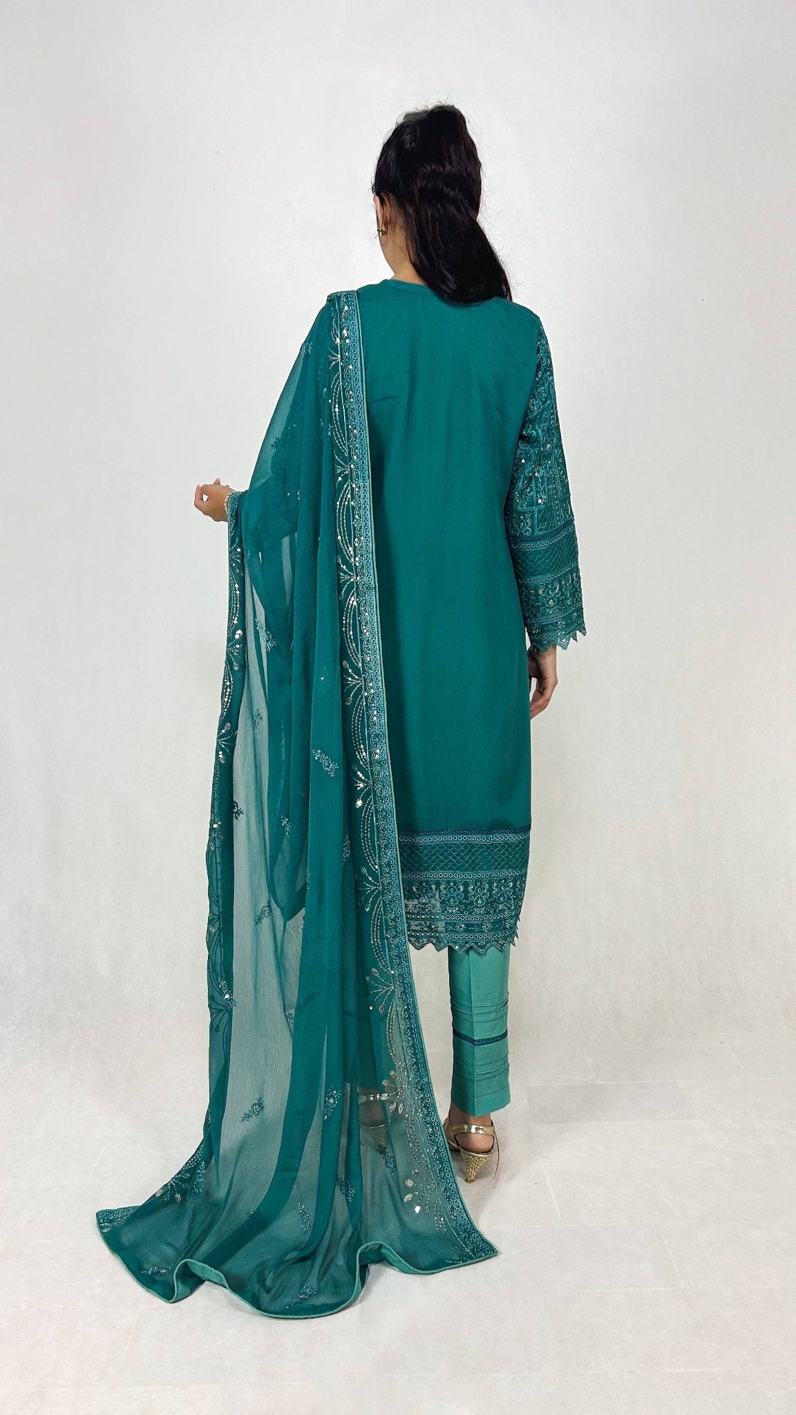 Teal Chiffon Shalwar Kameez Embroidered Ethnic Dress Back Look