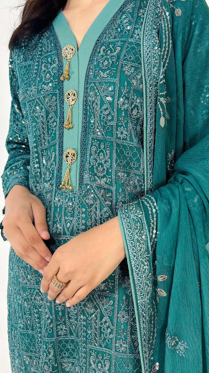 Teal Chiffon Shalwar Kameez Embroidered Ethnic Dress Detailed Embroidery Look