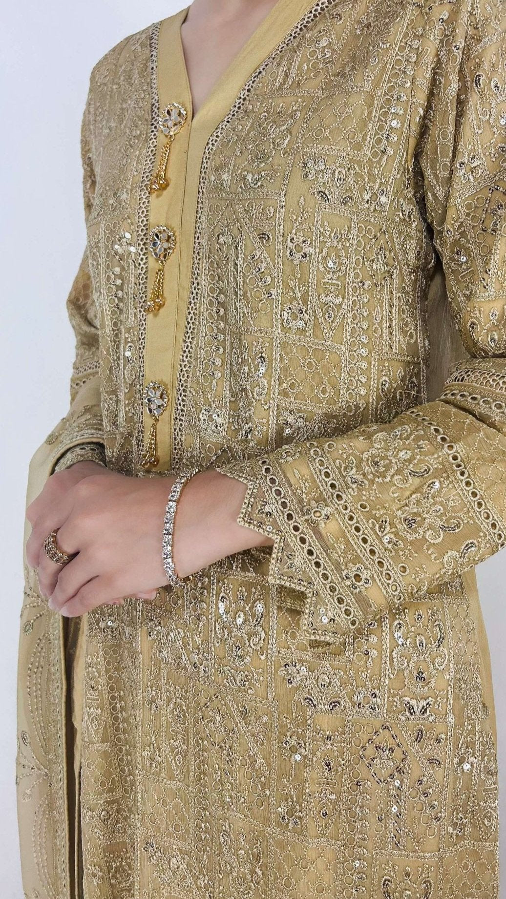 Beige Chiffon Shalwar Kameez Embroidered Elegant Design Detailed Embroidery Look