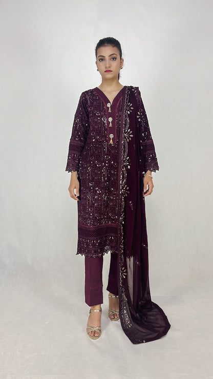 Dark Purple Chiffon Shalwar Kameez Embroidered Formal Dress Complete Look