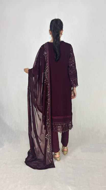 Dark Purple Chiffon Shalwar Kameez Embroidered Formal Dress Back Look