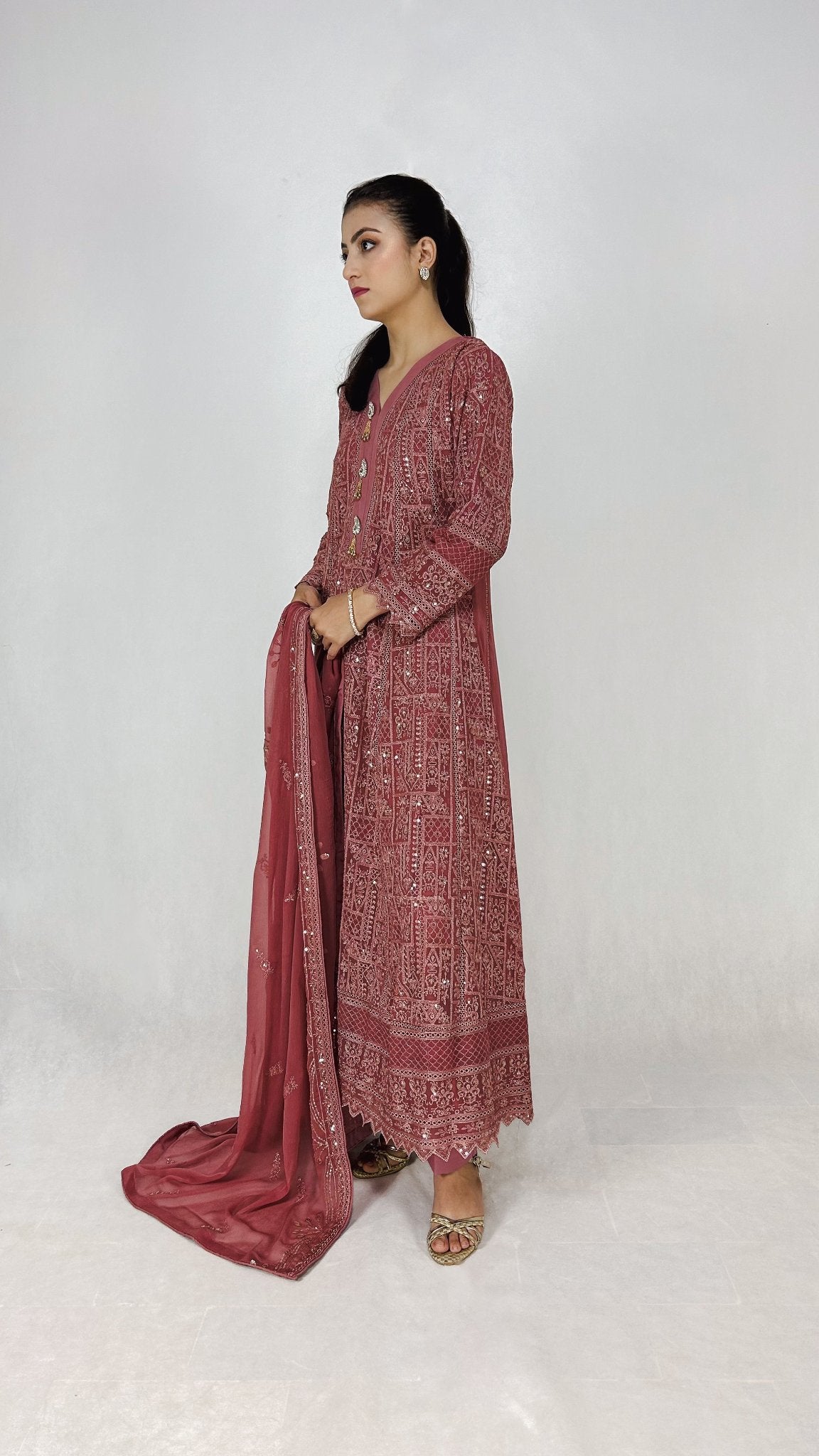 Tea Pink Chikankari Embroidered Chiffon Long Dress Anarkali Maxi Side Look