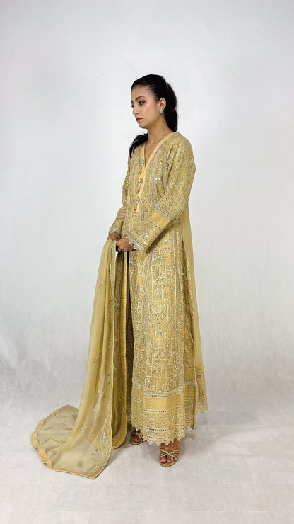 Beige Chikankari Embroidered Chiffon Long Frock Maxi Anarkali Dress Side Look