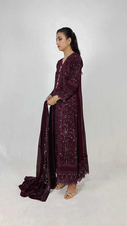 Dark Purple Chikankari Embroidered Chiffon Long Frock Maxi Anarkali Style Side Look