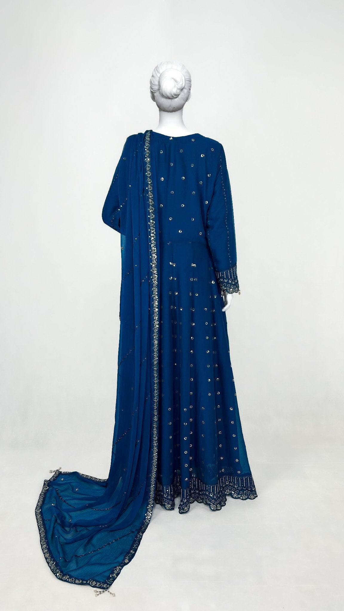 Peacock Blue Pakistani Party Wear Chiffon Long Anarkali Gown Dress Back Look