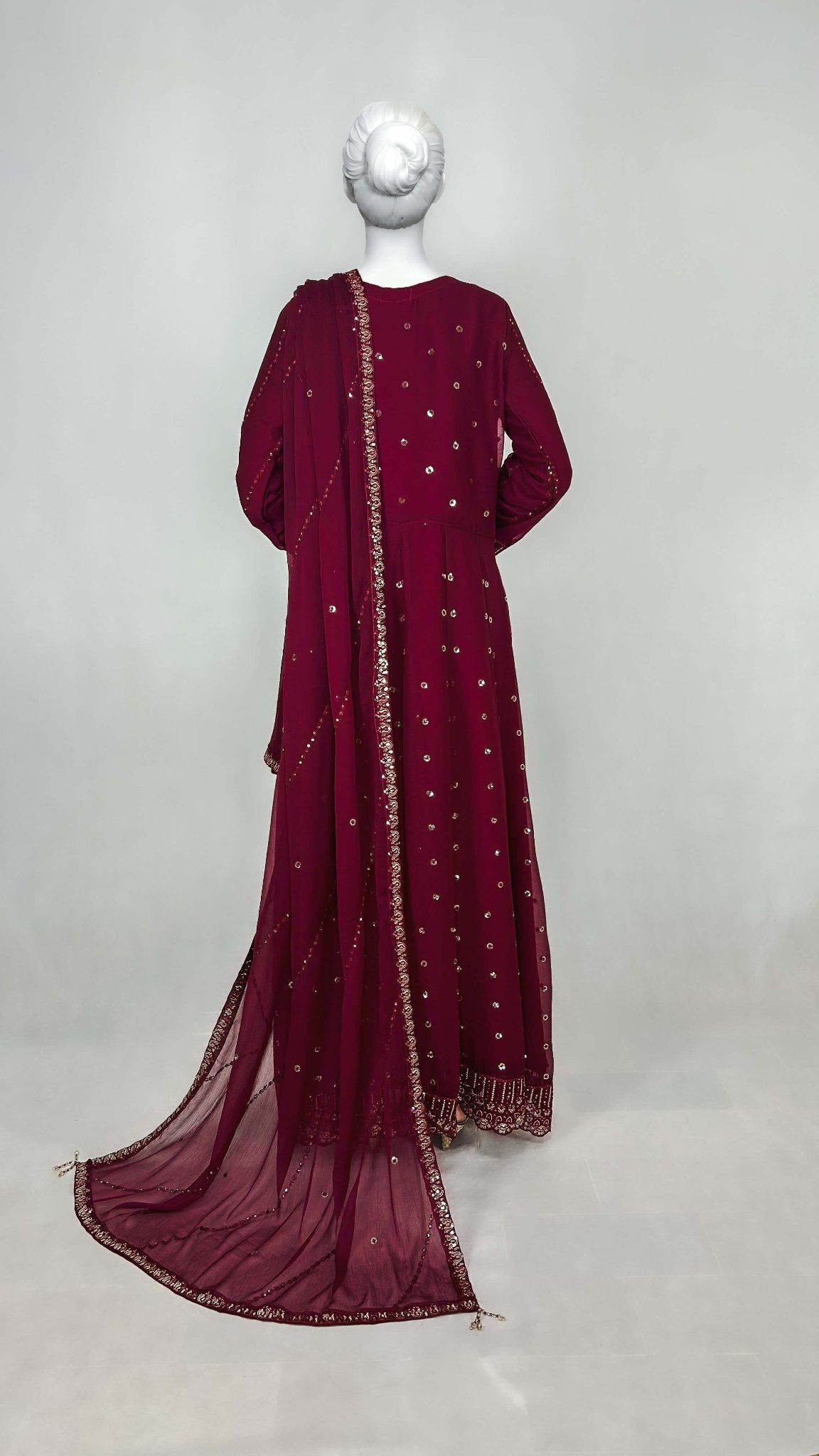 Maroon Pakistani Formal Wear Chiffon Anarkali Long Frock Dress Back Look