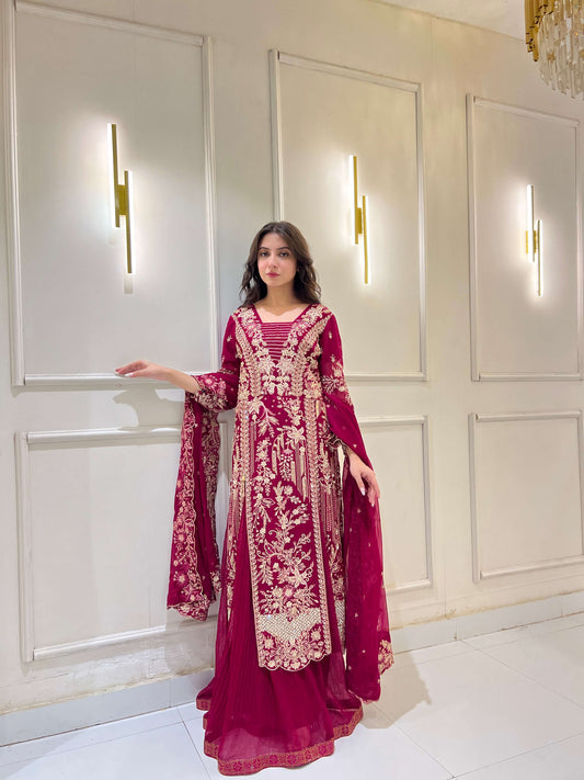 Magenta embroidered ijaar lehnga suit – full front view