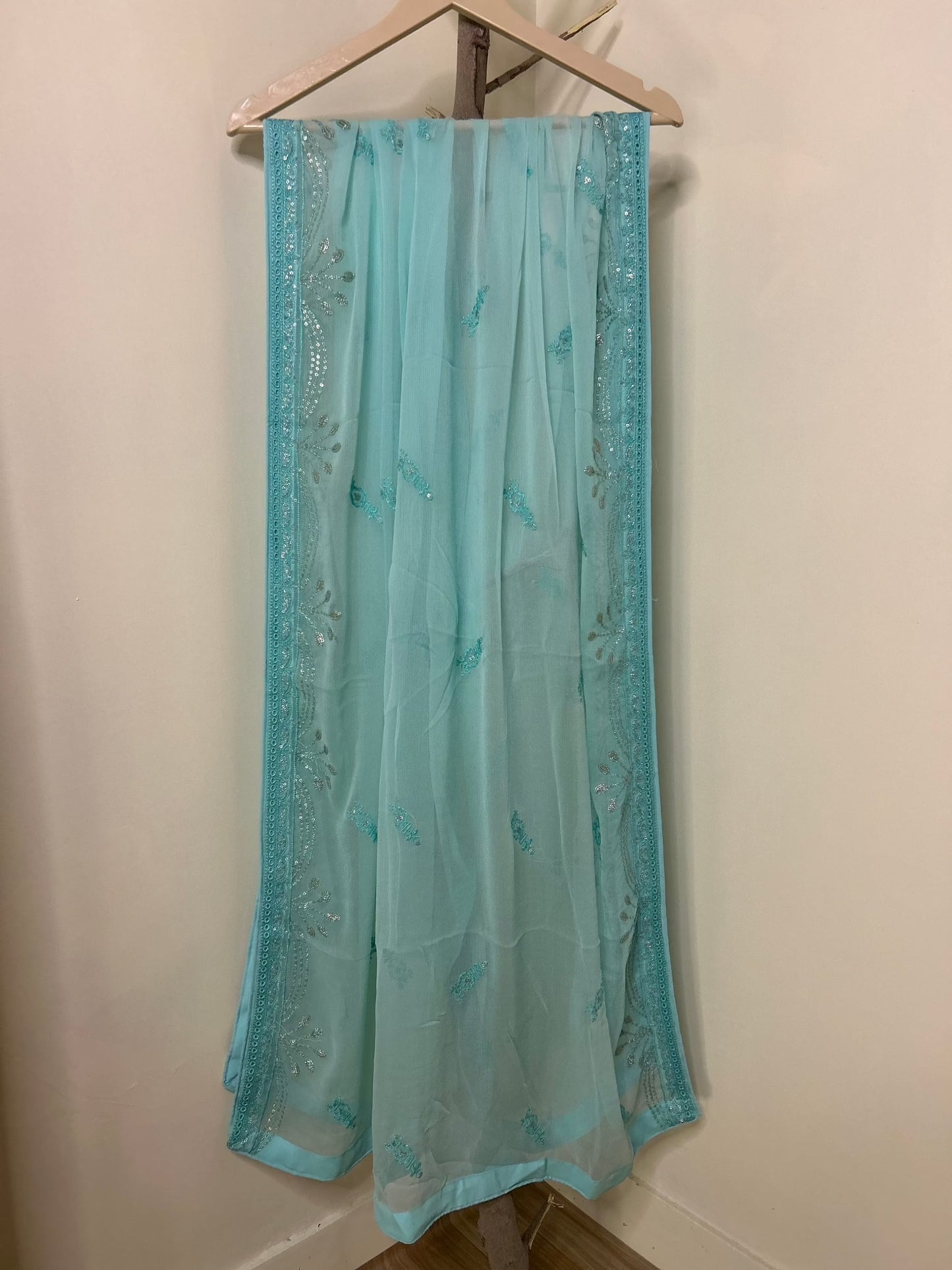 Light Blue Chiffon Maxi Dress Embroidered Dupatta | Zarveil