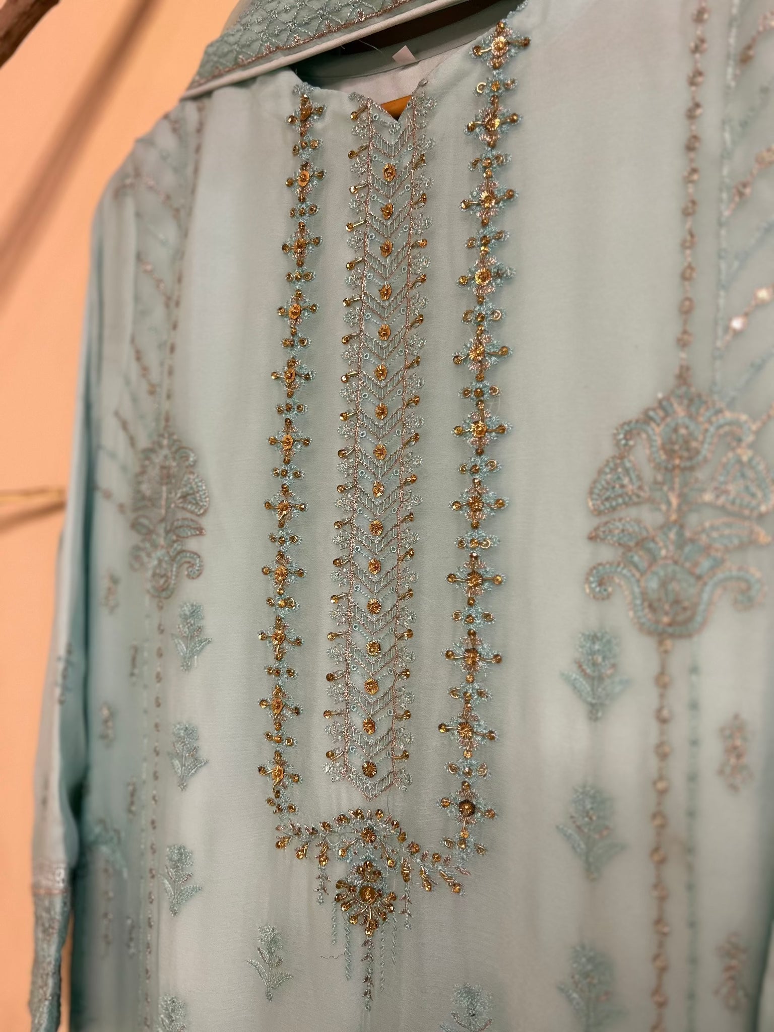 Light Blue Pakistani Designer Salwar Suit Detailed Embroidered Neckline | Zarveil