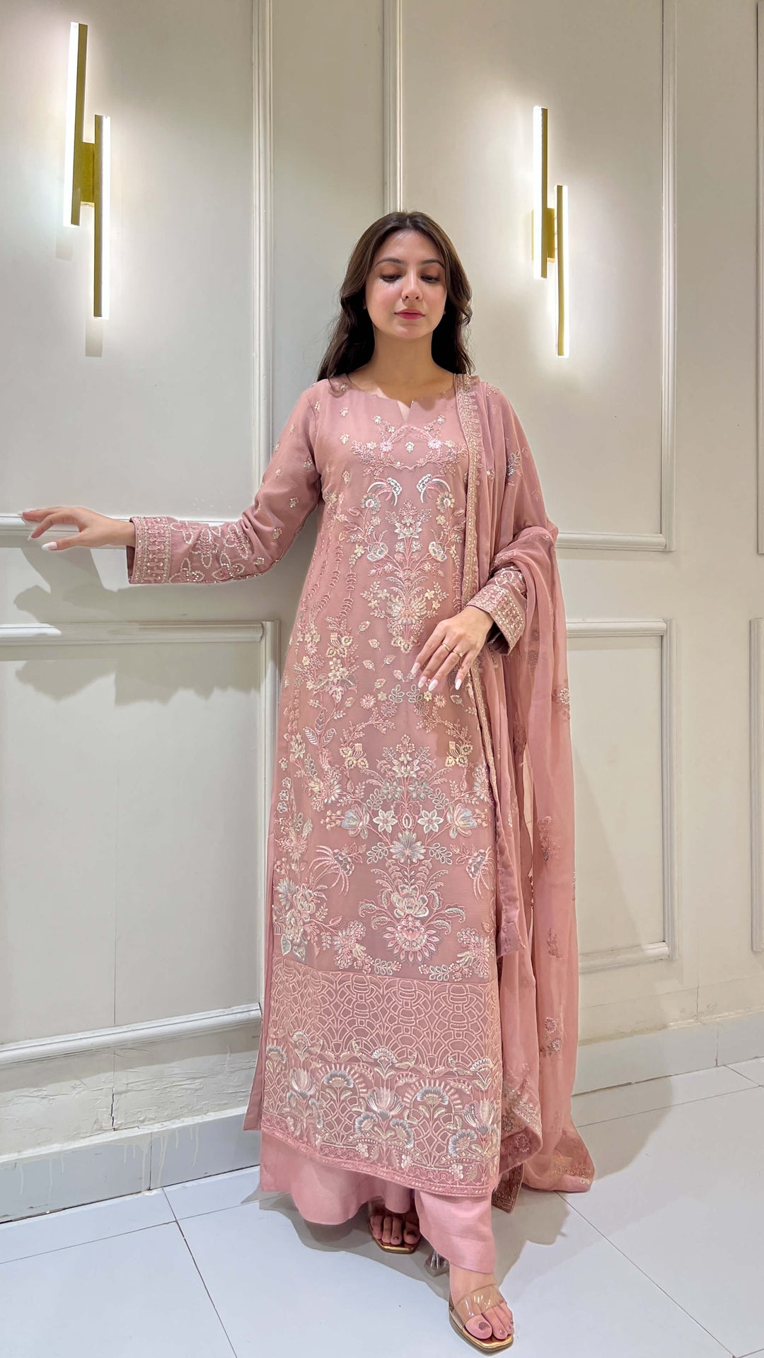 Tea pink embroidered chiffon shalwar kameez with matching dupatta