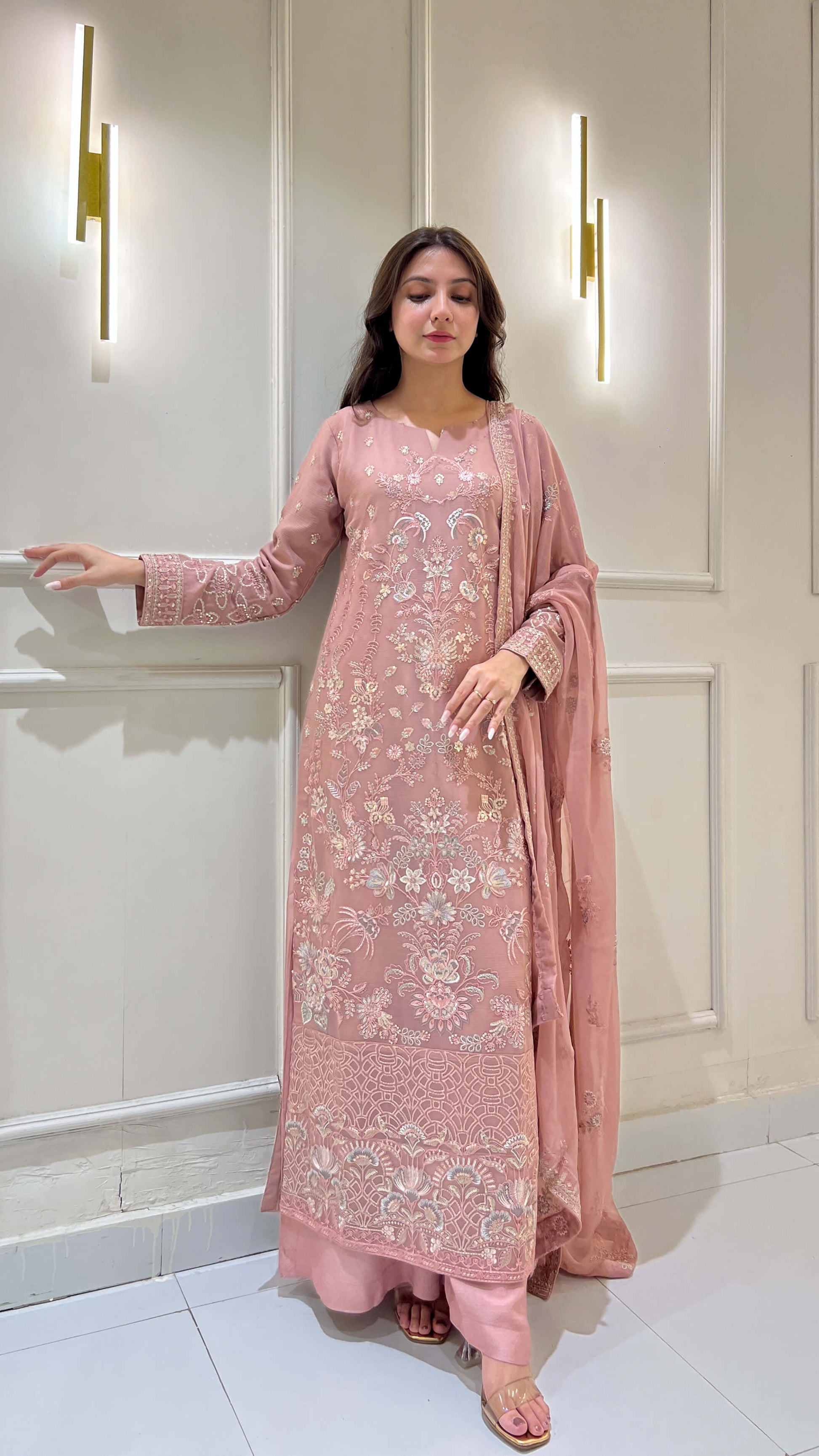Tea pink embroidered chiffon shalwar kameez with matching dupatta