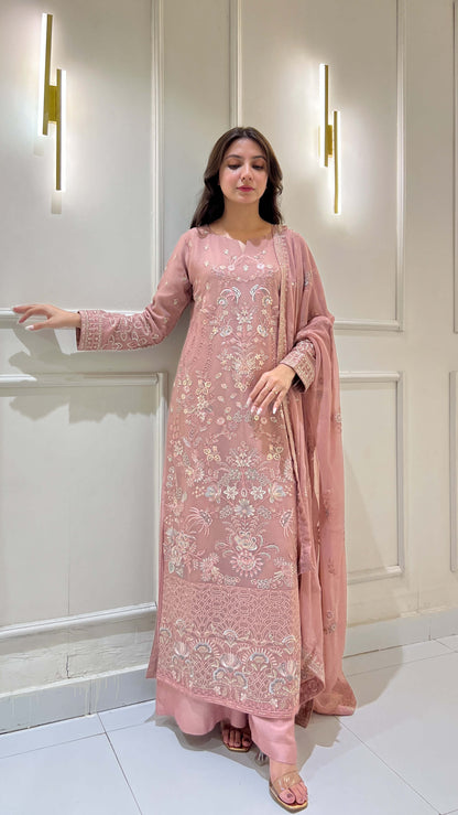 Tea pink embroidered chiffon shalwar kameez with matching dupatta