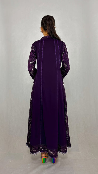 Dark Purple Pakistani Chiffon Anarkali Frock Embroidered Long Gown for Women Back Look