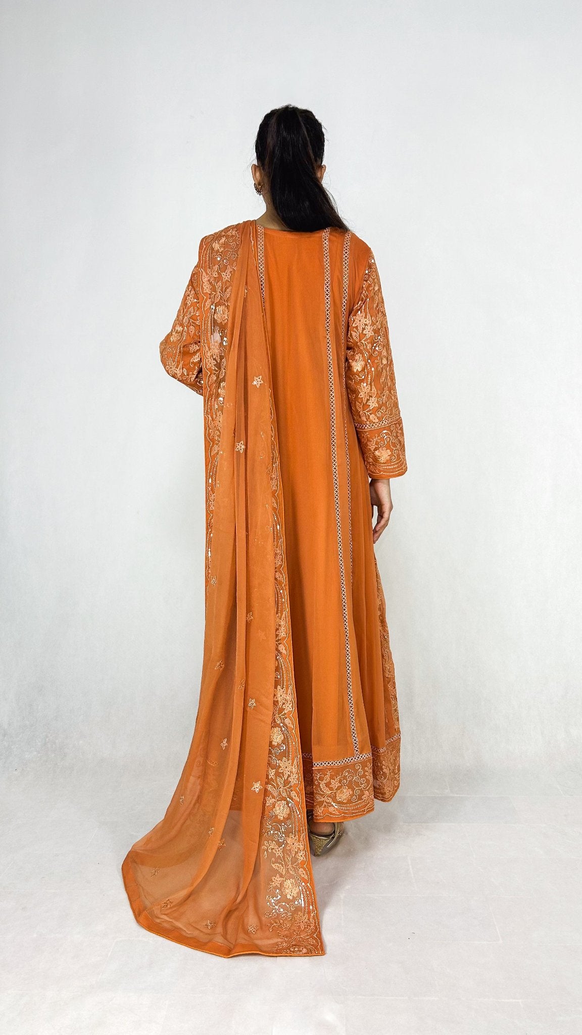 Peach Embroidered Chiffon Angrakha Dress Long Frock Maxi Back Look