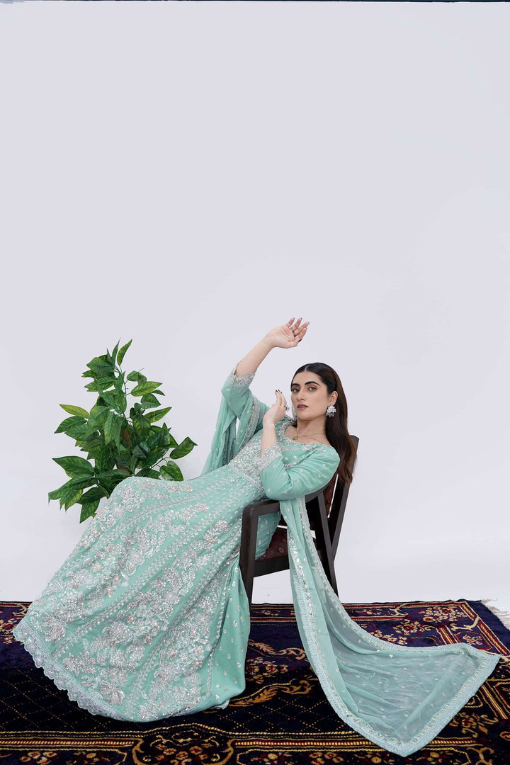 Women Wearing Mint Cream Designer Chiffon Maxi Dress with Handwork Dupatta Side Picture
