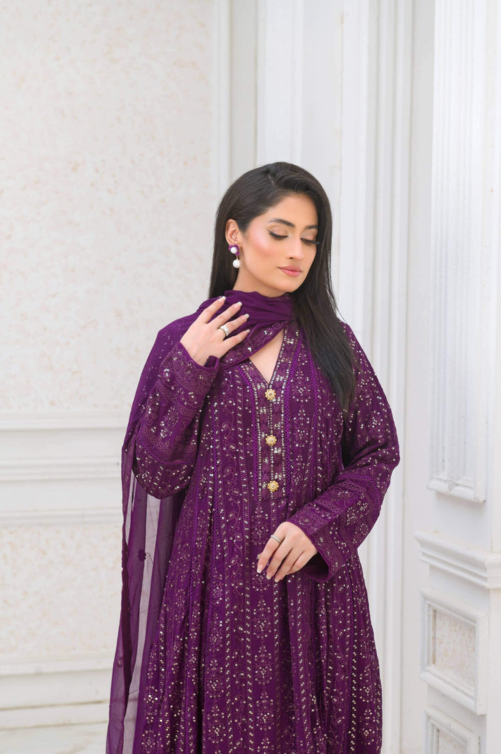 Purple Anarkali Gown Chiffon Dress Close Embroidery picture
