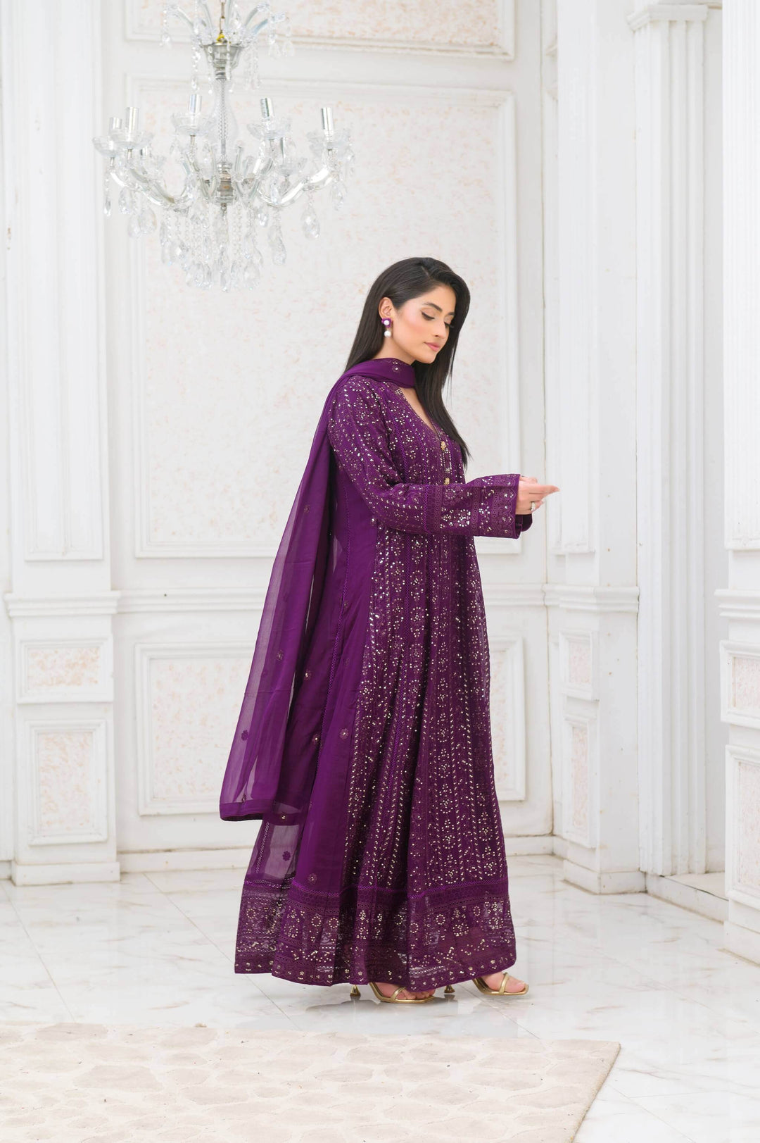 Purple Anarkali Gown Chiffon Dress Side picture