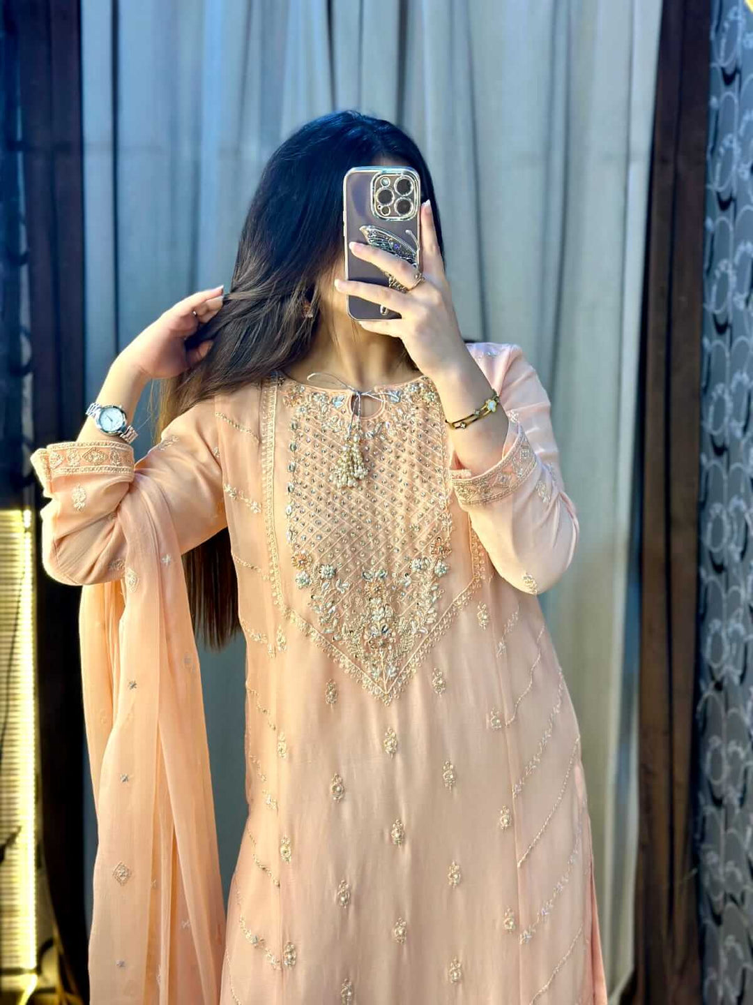 Women's Peach Chiffon Shalwar Kameez with Handwork close picture