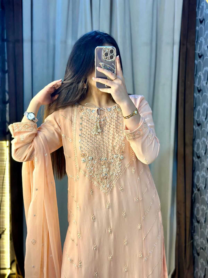 Women's Peach Chiffon Shalwar Kameez with Handwork close picture