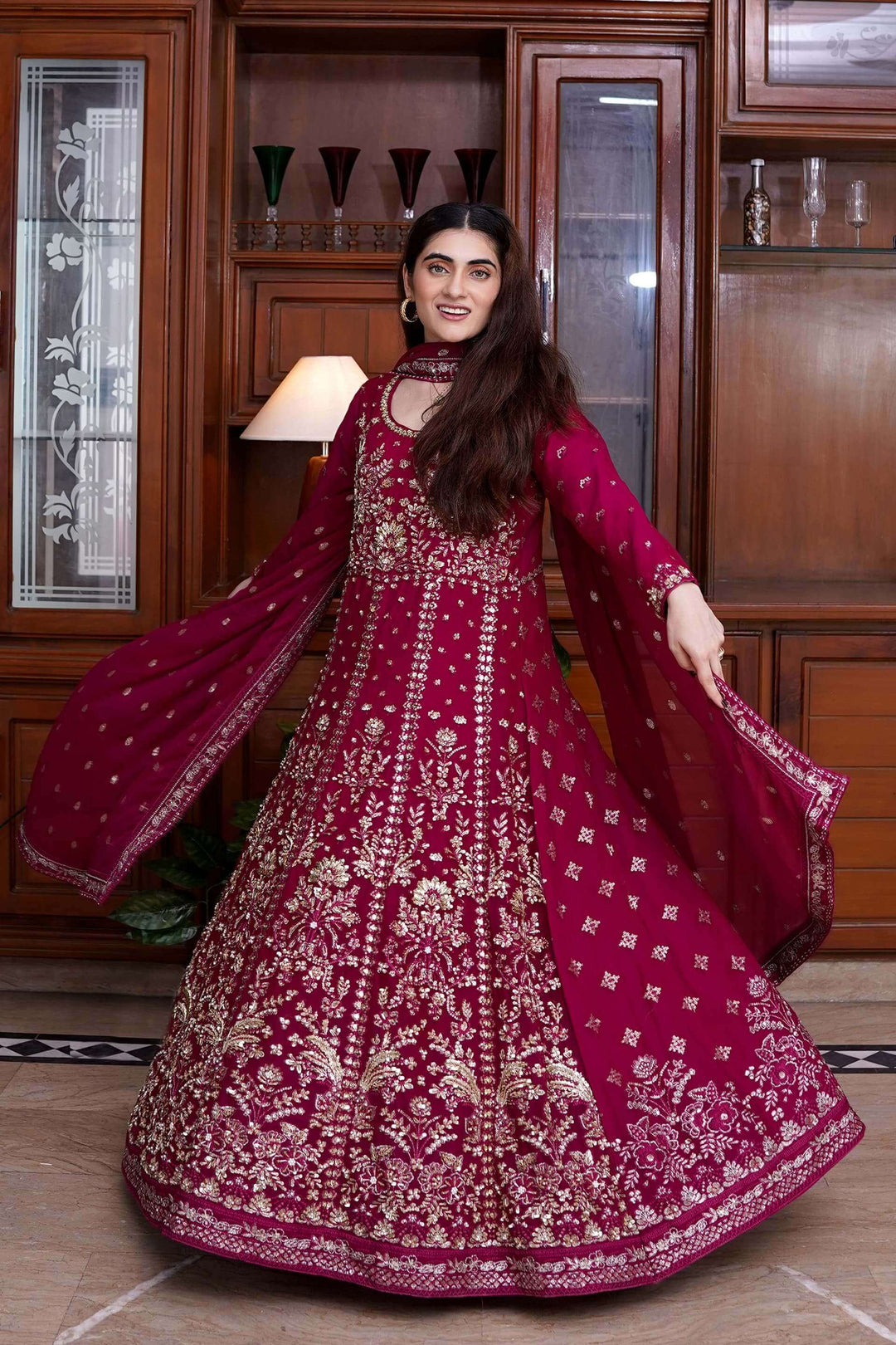 Magenta Chiffon Maxi Dress with Handwork Moving pic