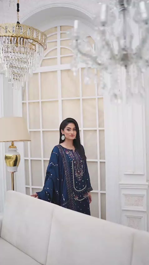 Navy Blue Raw Silk Shalwar Kameez with Multicolor Embroidery Video