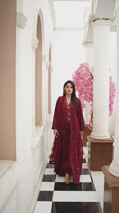 Woman wearing a red embroidered traditional outfit video
