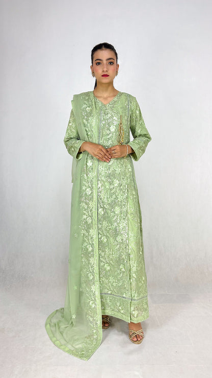 Light Olive Embroidered Angrakha Dress Chiffon Long Frock Maxi Complete Look Video