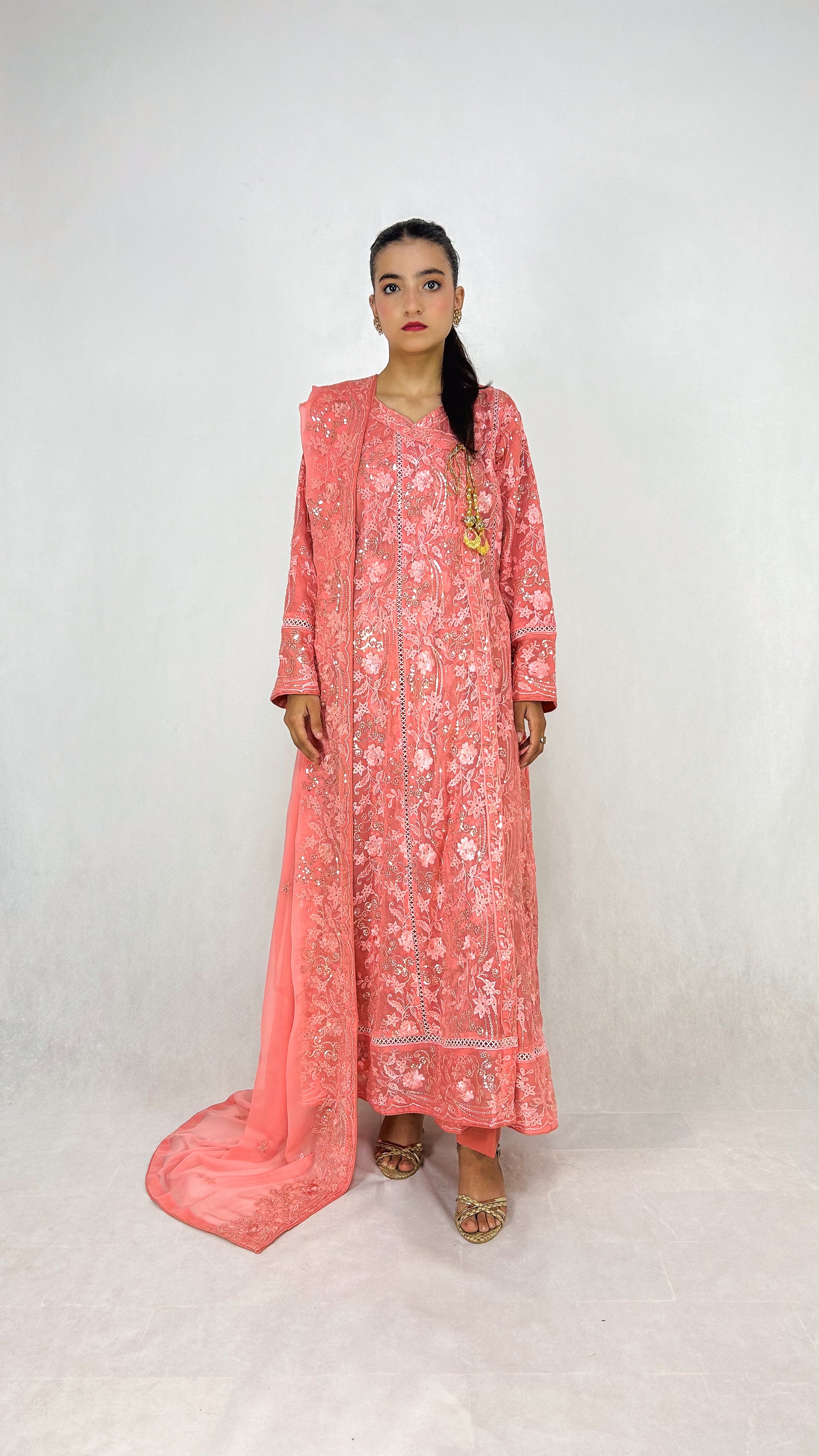 Pink Embroidered Angrakha Dress Chiffon Long Frock Maxi Complete Look Video