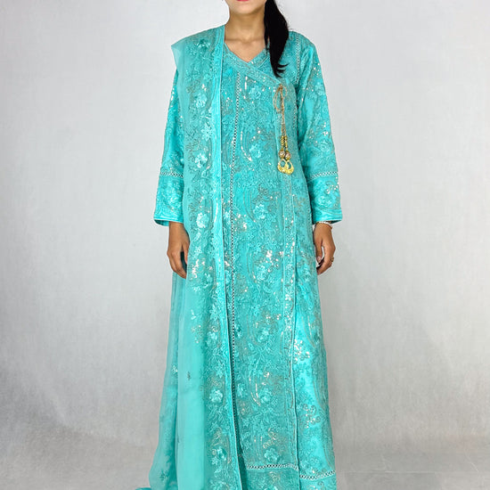 Light Blue Chiffon Angrakha Maxi Embroidered Long Frock Dress Complete Look Video