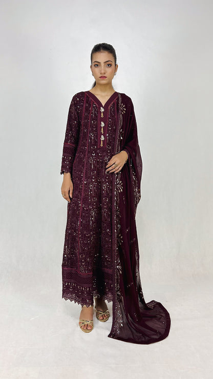 Dark Purple Chikankari Embroidered Chiffon Long Frock Maxi Anarkali Style Complete Look Video