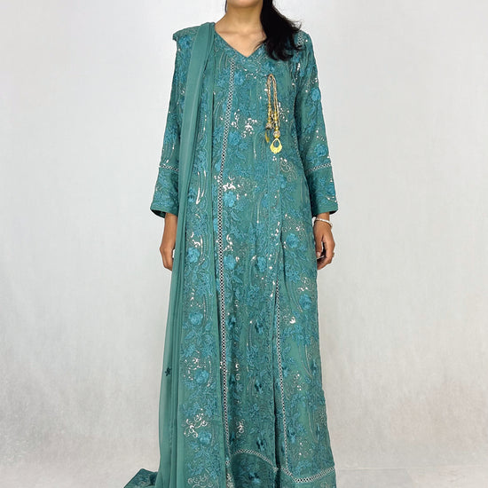 Teal Chiffon Angrakha Maxi Dress Embroidered Long Frock Complete Look Video